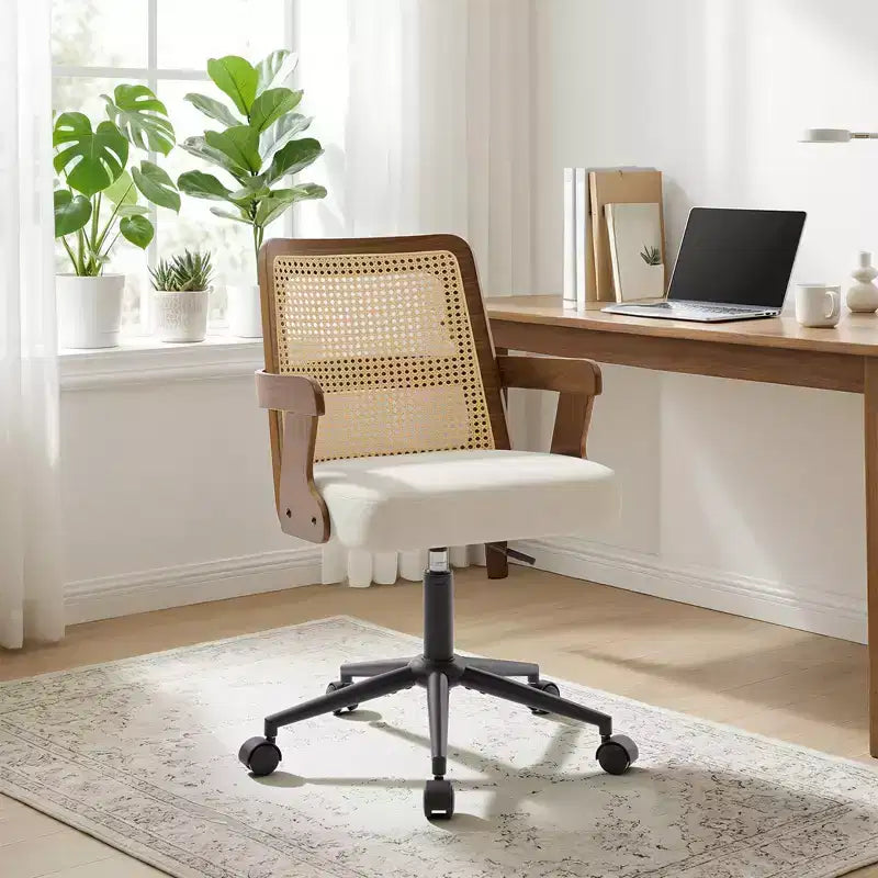 Bekrvio Mid-Century Home Office Chair, Walnut Bentwood Arm Chair with Cane Back, Adjustable Swivel Desk Chair