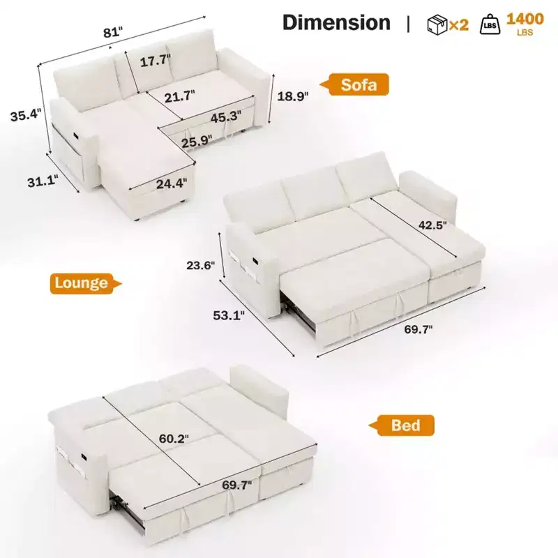 Dyonery 2 in 1 Pull Out Sleeper Sofa with Storage Chaise C Chenille Sectional Couch with USB Ports for Living Room