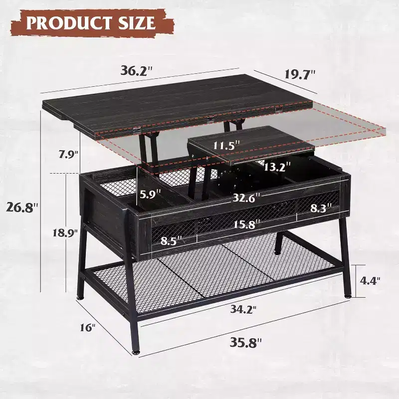 3-in-1 Lift Top Coffee Table with Hidden Compartment, Multi-Function Coffee Table Converts to Dining Table for Living Room, Charcoal Black