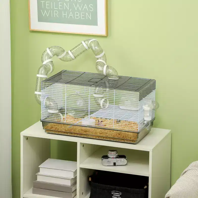 PawHut 2 Levels Hamster Cage for Gerbil or Dwarf Hamster with Tube Tunnels, Exercise Wheel, Food Dish, Water Bottle, Ramp, 23 x 13 x 12, Gray