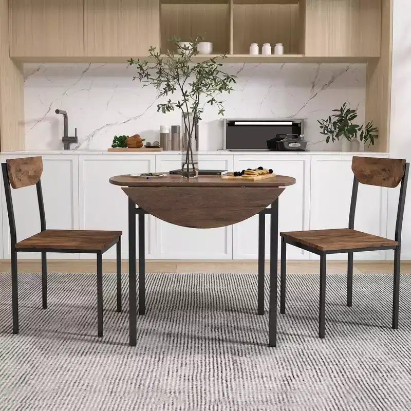 3 Pieces Metal Round Dining Table Set with Drop Leaf, Industrial style Kitchen Set with 2 Chairs for Small Places, Rustic Brown