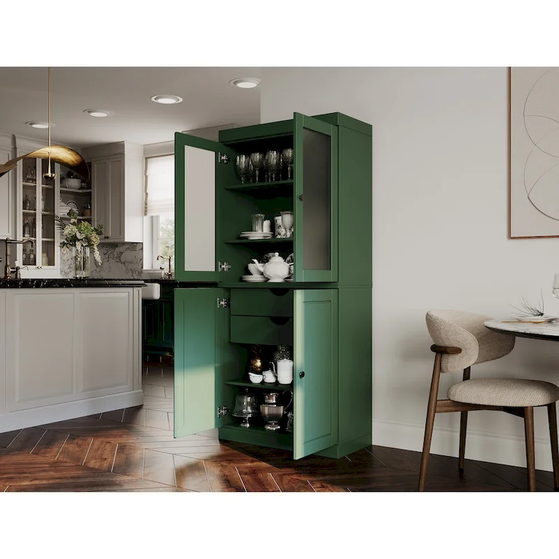 Armoire de rangement 100 % bois massif avec portes en verre dépoli, portes pleines, 2 tiroirs et étagères réglables.