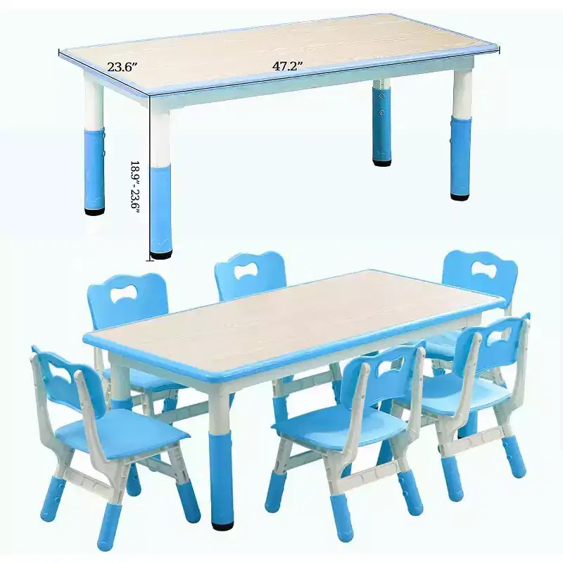 COZONY 7PCS Kids Table and Chairs Set, Height-Adjustable Toddler Study Table with 1 Table & 6 Chairs, Non-Slip Legs and Graffiti Desktop for Home