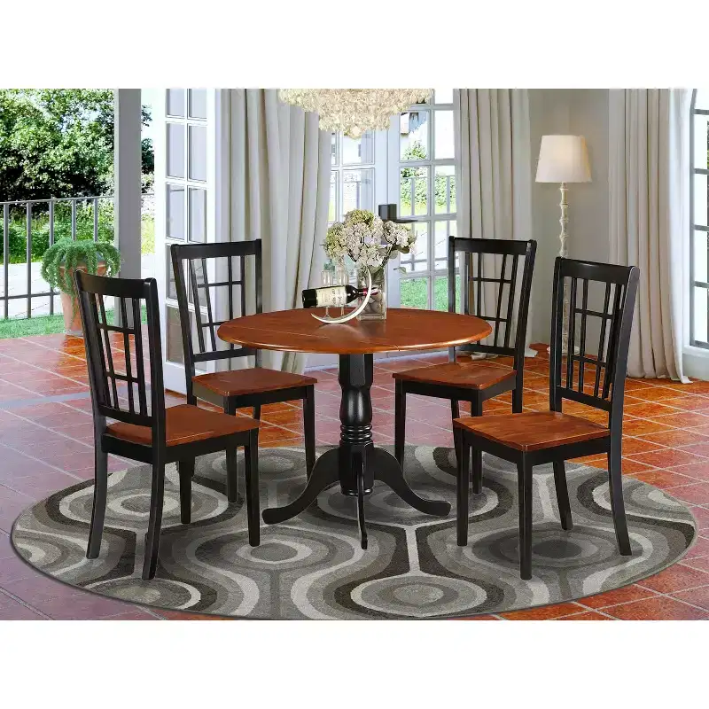 Kitchen Table Set for 4 - 42x42 Drop Leaf Dining Table & Chairs, Asian Hardwood, Black Finish