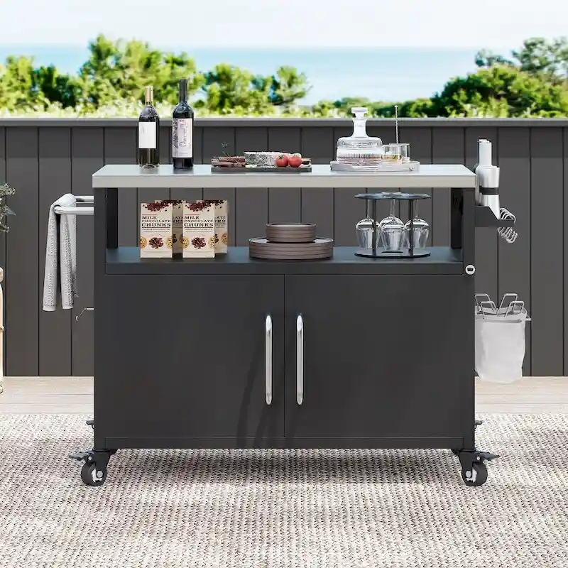 Îlot de cuisine extérieure avec plateau en acier inoxydable, chariot de barbecue en métal avec meuble de rangement - Non applicable