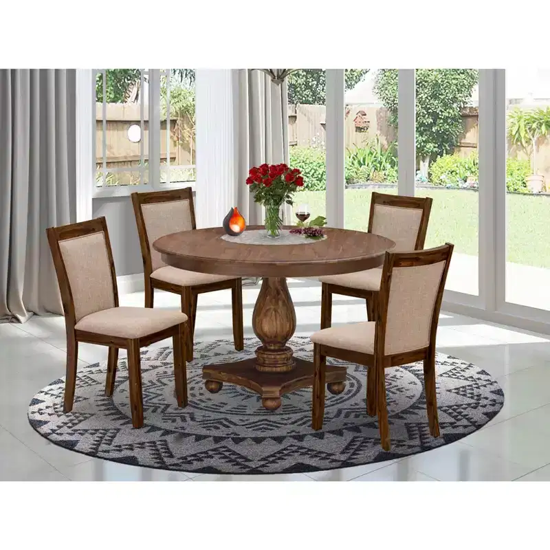 HomeStock Round Dining Table Set 4 Linen Fabric Chairs Antique Walnut Kitchen Set