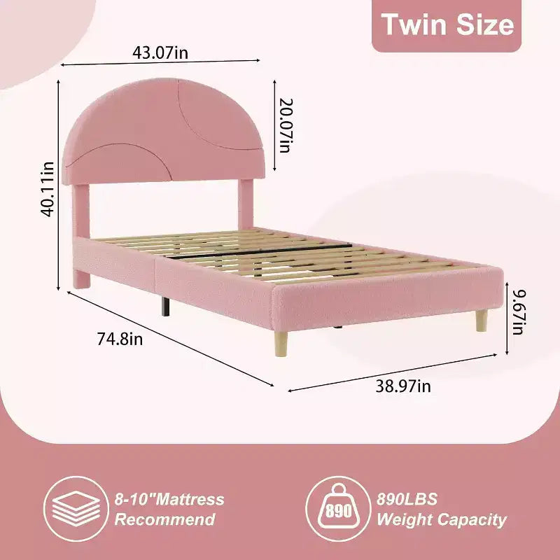 Twin Bed Frame with Upholstered Round Boucle Headboard, Arch-Shaped Design in Soft Pink and White, Modern Kids Bed with Wooden Slats