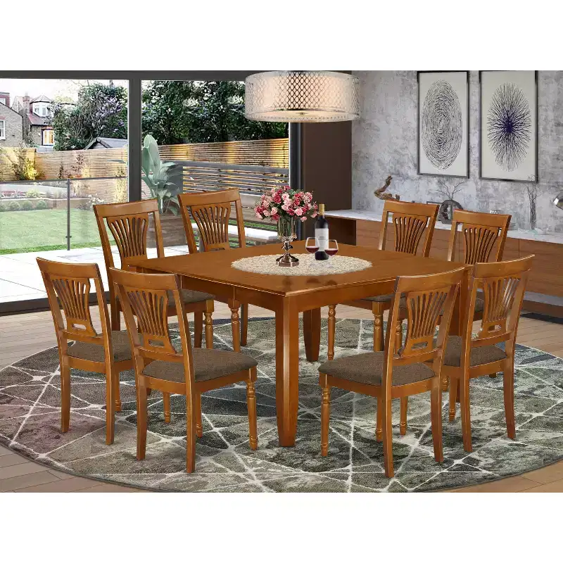 HomeStock 9-Piece Square Saddle Brown Finish Solid Wood Top Dining Table with 8-Chairs