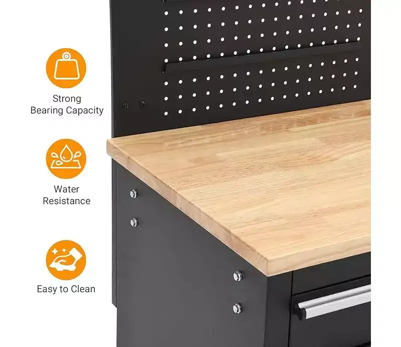 Coffre à outils roulant de 155 cm (61 po) avec 10 tiroirs et établi intégré, multiprise, plateau en bois d'hévéa massif, capacité de charge de 760 kg (1 675 lb), robuste et mobile.