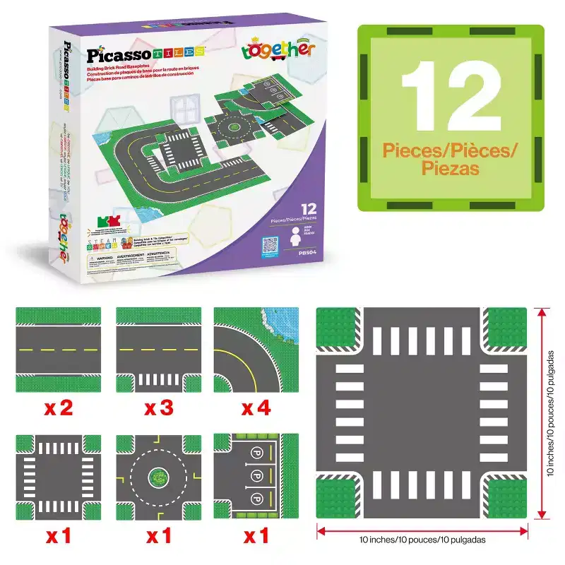 PicassoTiles 12PC Building Brick 10x10 Large Road Baseplates City Street Traffic Parking Themed Roadway Foundation Plates Block STEM Toy for Kids