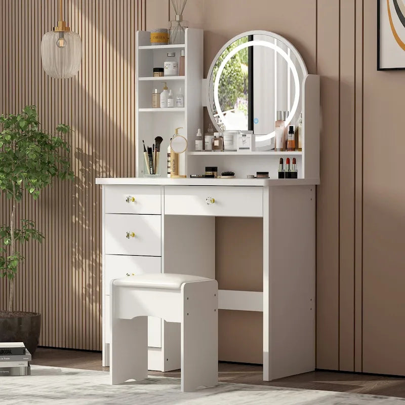 31.5 Makeup Vanity Set with LED Mirror, 3-Color Light, Padded Stool, 5 Drawers