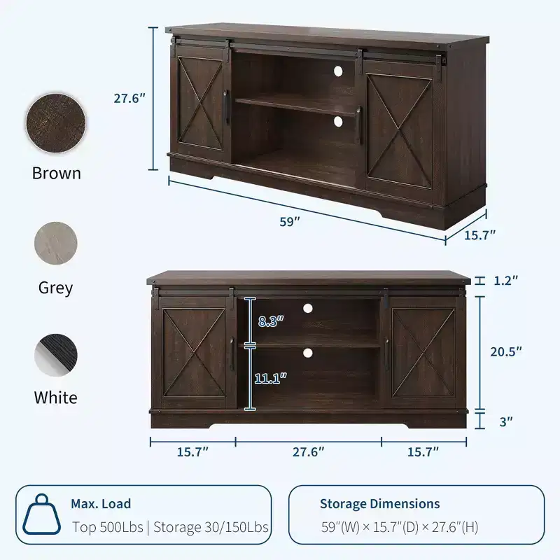 Farmhouse TV Stand for TV Up to 65 Inches, Rustic Entertainment Center with Sliding Barn Doors, Wood Storage Cabinets and Adjustable Shelf