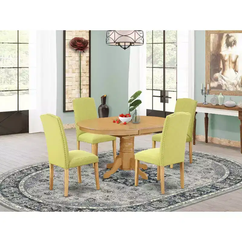 Coastal Dining Set - 5Pc Oval Table & 4 Chairs - 42/60 Table with Butterfly Leaf - Linen Fabric
