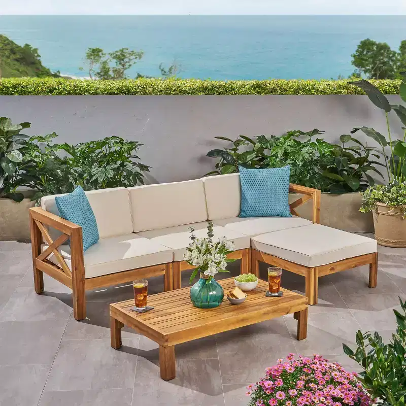 GDFStudio Allaire Acacia Wood 3 Seater Sectional Sofa Set with Ottoman