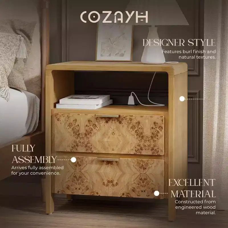 COZAYH Farmhouse 3 Drawer Dresser, Rustic Vintage Nightstand, Home Bedroom Wooden Side Table Burl Finish Vintage Accent, Natural