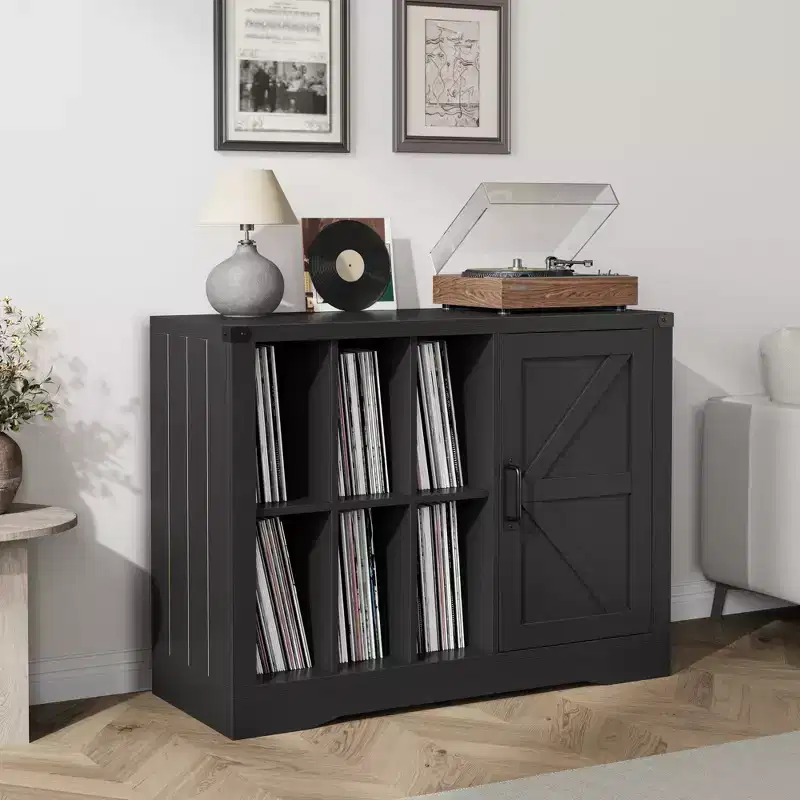 Record Player Stand with Vinyl Storage, Farmhouse Turntable Cabinet with Door, Vinyl Display Holder Shelves, Wooden Storage for Living Room, Black