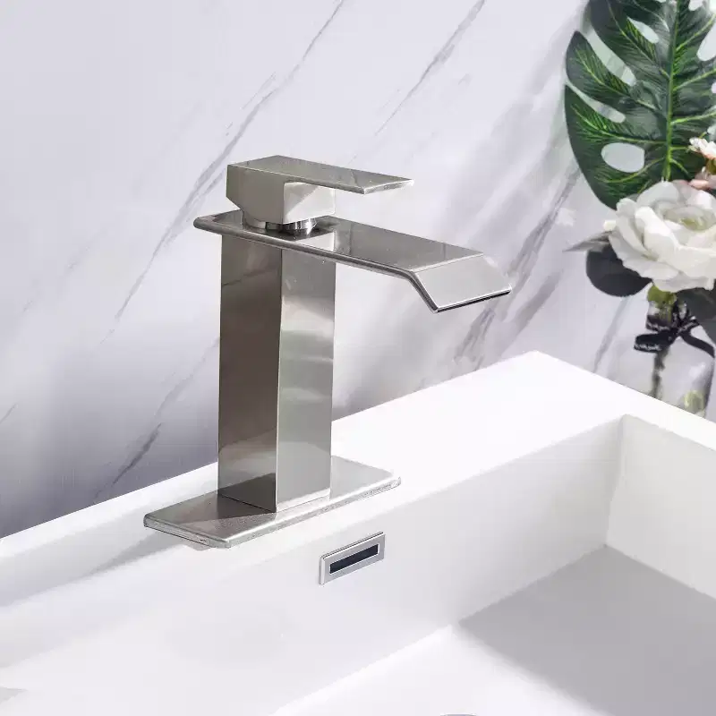 Okak Waterfall Spout Bathroom Sink Faucet, Modern 1 Hole Bathroom Faucet with 1 Handle, Widespread Bathroom Faucet for Home
