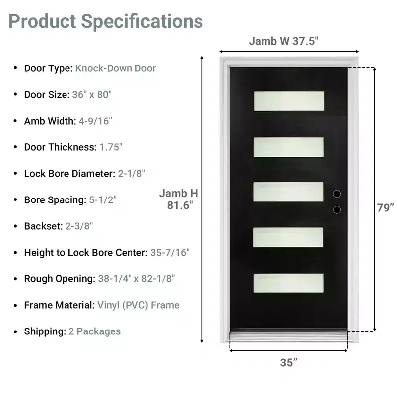 MooxvMoo 36x80 Inch Exterior Door Left Hand Inswing, Black Entry Doors with 4-9/16 Frame for Home's Front Entrance