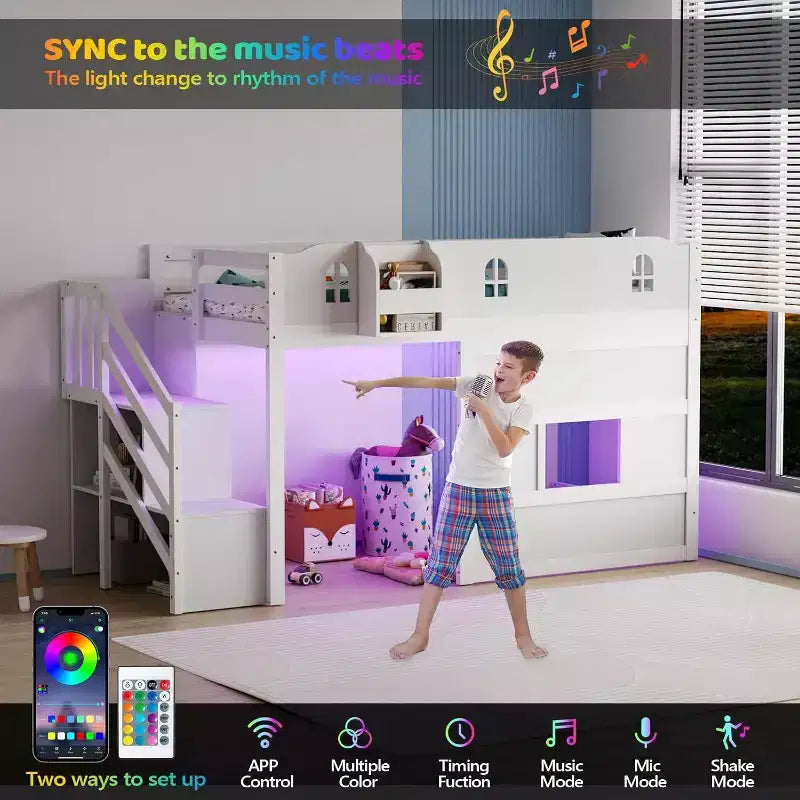 JOYMOR Low Loft Bed with Led Light, Loft Bed Twin Size with Castle Guardrail and Window, Staircase and Book Rack, Smart APP Control