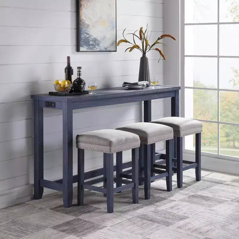 4pc Rockland Counter Height Dining Set Antique Blue - HOMES: Inside + Out: USB Port, Padded Stools, Trestle Base