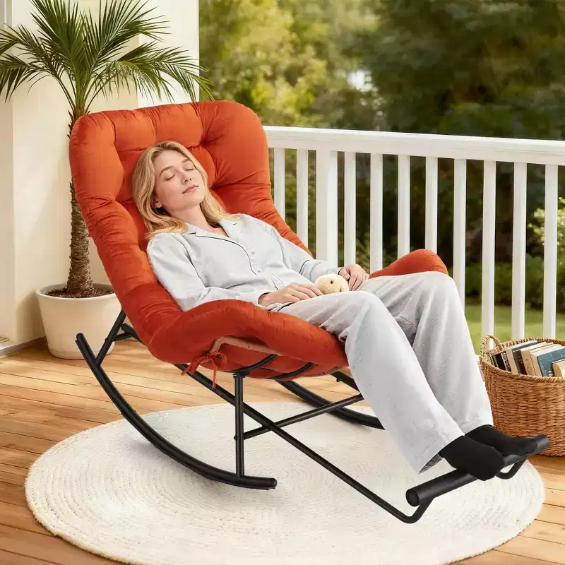 Orange Oversized Rocking Chair with Cushion, Rattan & Steel Frame, 1-Person, Adult Assembly Required