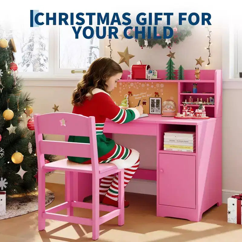 Kids Study Desk & Chair Set with Storage, Kids Study Desk with Hutch and Tiltable, Wooden Children Table with Storage Cabinet for 3-8 Years Old
