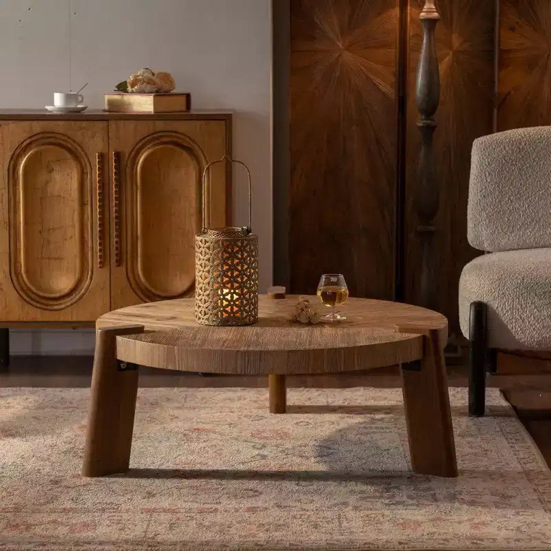 CLIHOME Wood Round Coffee Table for Living Room, Rustic Natural Coffee Table for Apartment
