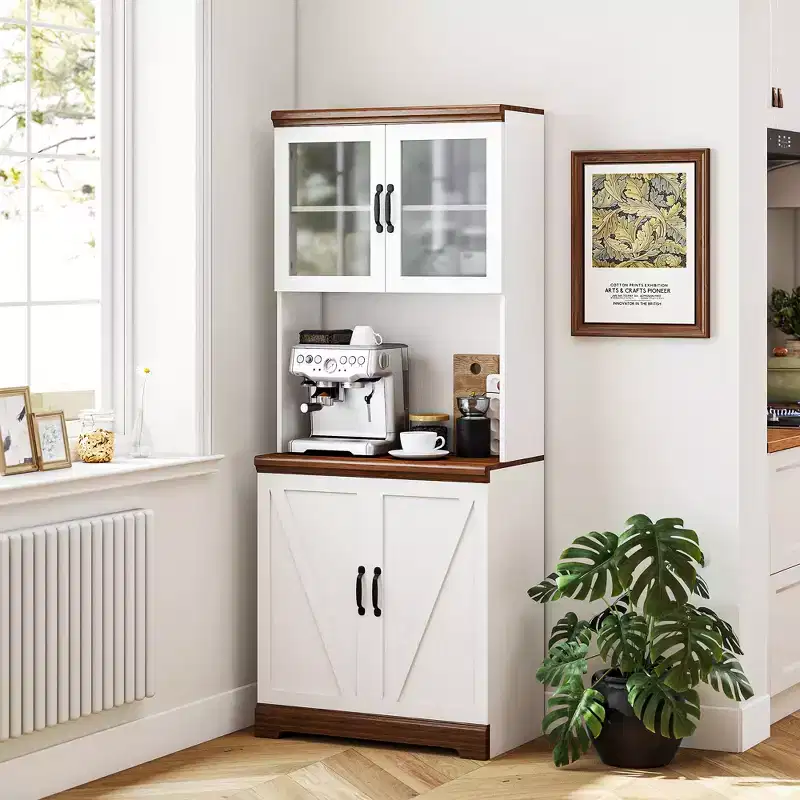 70 Farmhouse Pantry Cabinet, Kitchen Hutch Storage Cabinet with Glass Doors, Adjustable Shelves, Open Microwave Countertop