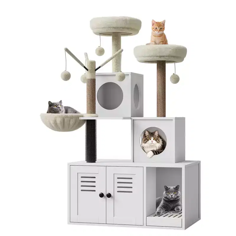 Multi-Level Wooden Cat Litter Tray Cabinet with Scratching Post & Cat Cave, Hidden Cat Litter Furniture with Sisal Scratching Post, Cuddling Place