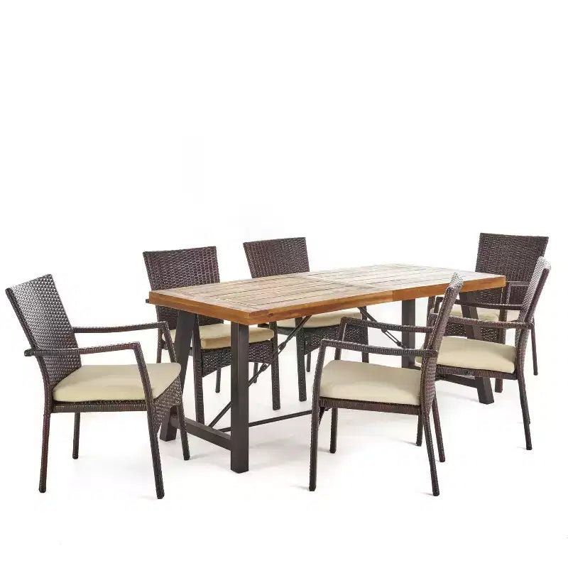 GDFStudio Malic Outdoor Acacia Wood and Wicker 7 Piece Dining Set with Cushion, Cream/Teak