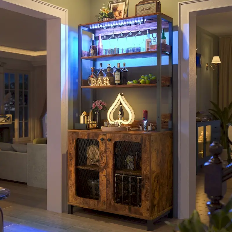 67 Tall Wine Bar Cabinet Liquor Cabinet with LED Lights  Glass Holder  Power Outlets,5-Tiers Corner Utensils Display Cabinet