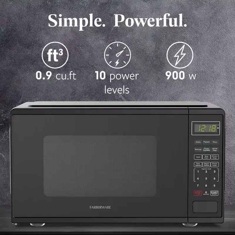 Farberware Countertop Microwave Oven with LED Display, 6 Auto-Cook Settings, 10 Power Levels, Defrost, and Child Safety Lock