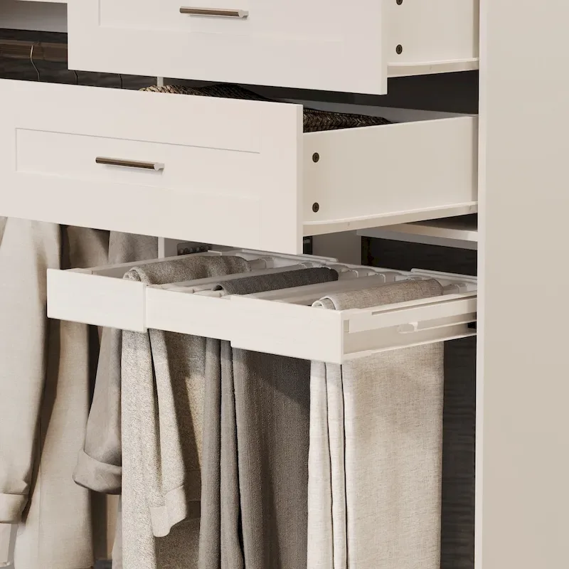 Armoire d'angle avec 2 tringles, un porte-pantalons et un meuble de rangement pour chaussures