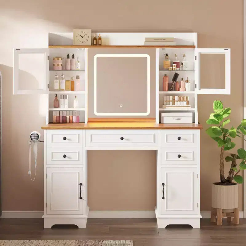 Vanity Desk with LED Lighted Mirror - 3 Color Adjustable 5 Drawers, 4 Doors & 3 Storage Shelves, Charging Station