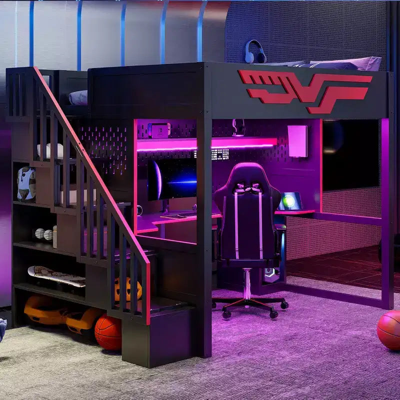 Whisen Full Size Gaming Loft Bed Frame with Desk and Storage Staircase - Red & Black