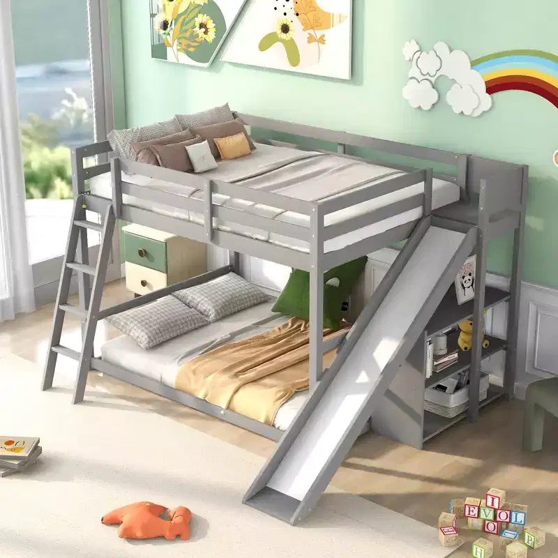 Whisen Full over Full Bunk Bed with Ladder and Slide and Shelves