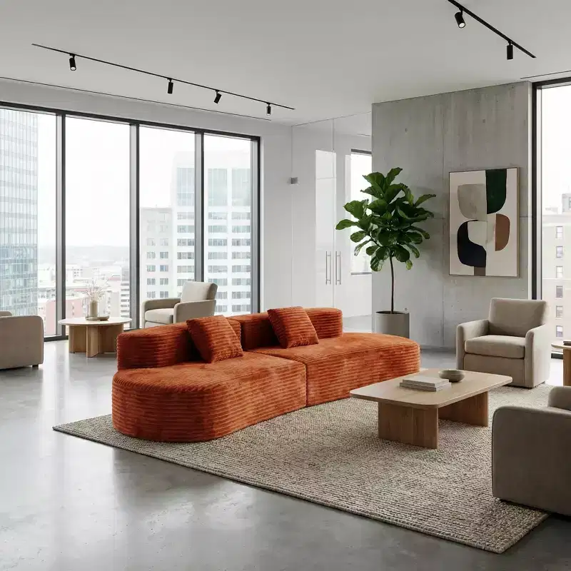 FurnitureR 108.6 Corduroy Modular Sofa Couch, Modern Curved Upholstered Sofa with Deep Seat, Comfy Low Profile Lounge Sofa for Living Room Apartment