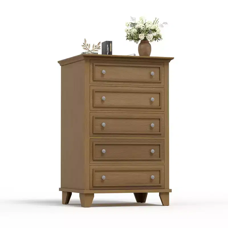 48 Tall 5 Drawer Dresser, Brown Wood with Deep Drawers & Metal Handles for Bedroom Living Room