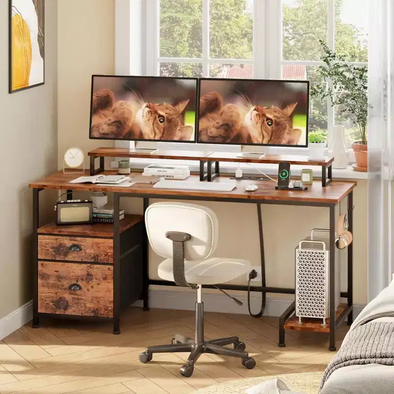 BALHAM TRADE-55 Home Office Desk with File Cabinet 2 Monitor Stands Power Outlets Storage