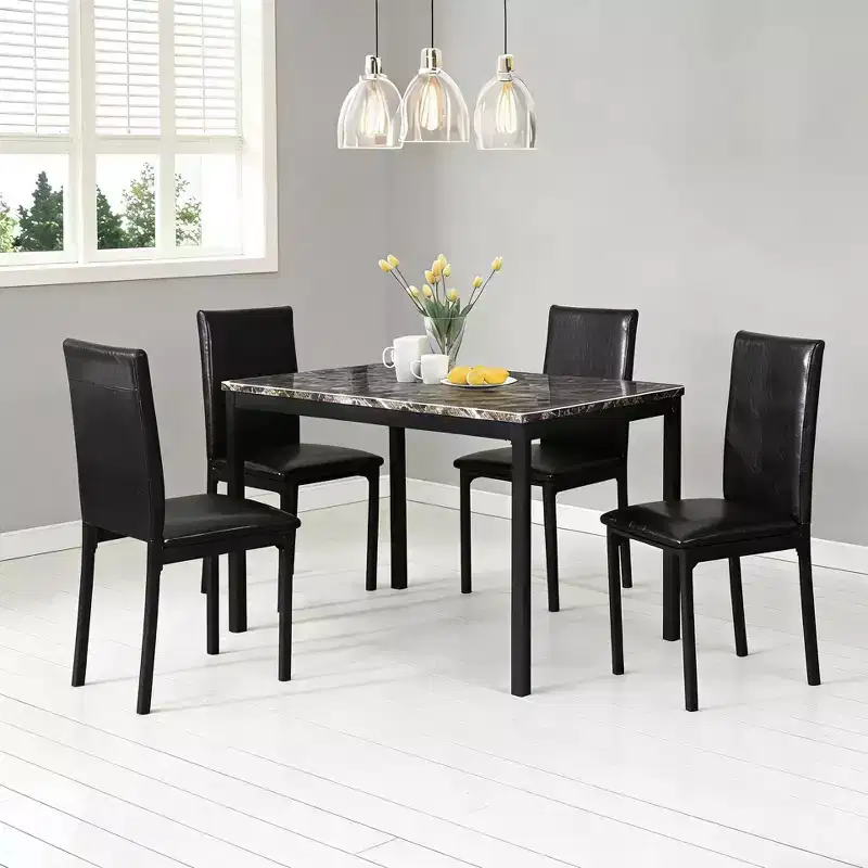 GDFStudio Nolan 5 Piece Metal Frame Dining Set with Faux Marble Tabletop