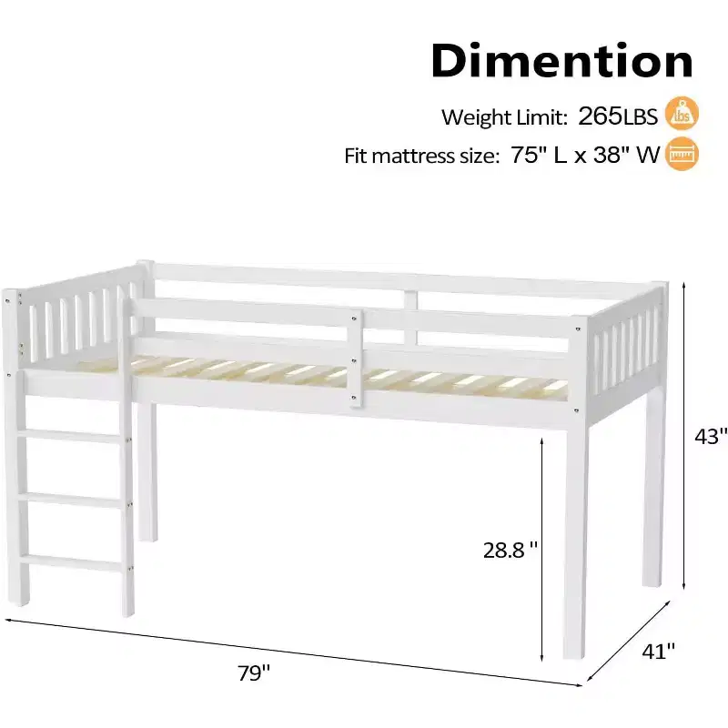 JOYMOR Twin Loft Bed Low Loft Bed Frame for Little Kids Small Room/Low Ceiling Bedrrom with Guardrail and Ladder, White