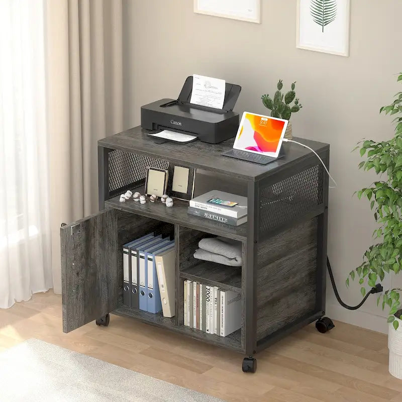 Rolling File Cabinet Lateral Office Filing Cabinets with Charging Station,Modern Printer Stand on Wheels