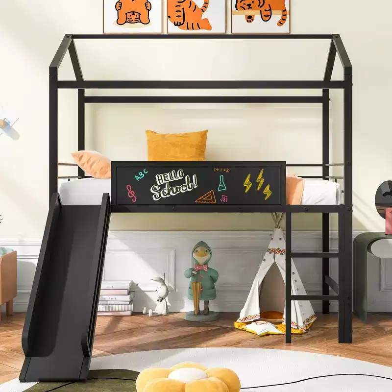 Twin Size House Loft Bed with Slide and Writable Board, Sturdy Metal Frame with Fun Play Area - ModernLuxe