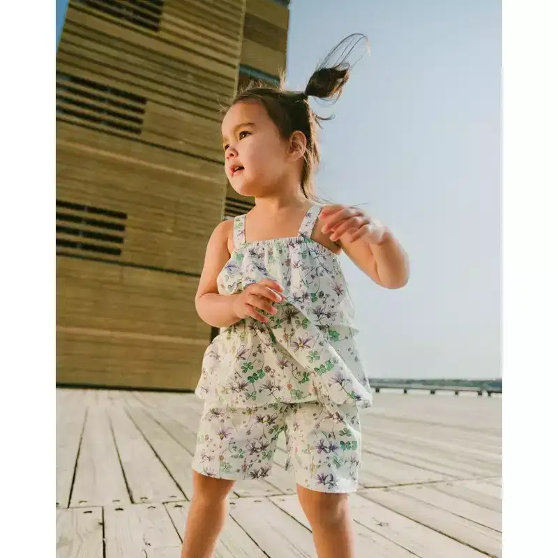 Deux par Deux Girl Jersey Romper with Tiers Green Printed Flowers