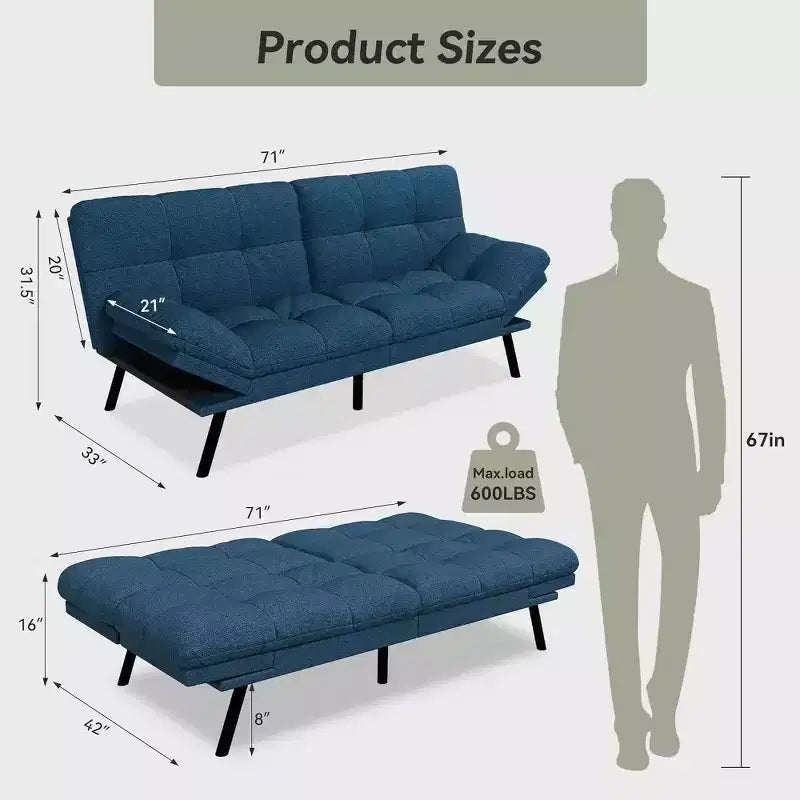 Dyonery 71 Linen Convertible Futon Sofa Bed, Memory Foam Sleeper Couch with Removable Cushions, Adjustable Backrest & Armrests for Living Room