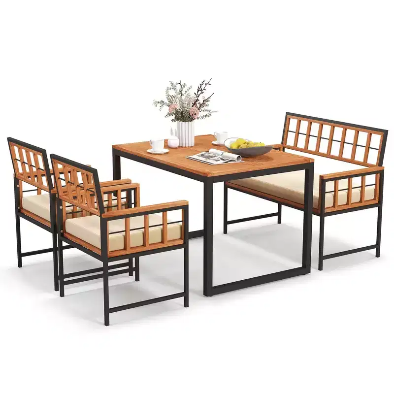 Costway 4 Piece Patio Dining Set Outdoor Wood Dining Furniture with 2 Chairs & 1 Lovesea