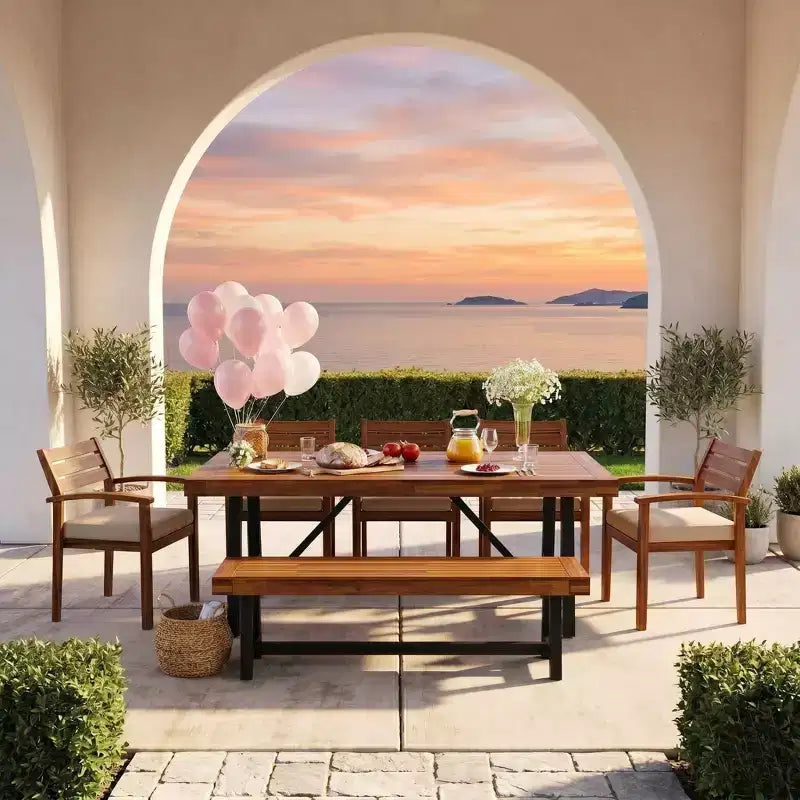 Whisen 7-piece Rustic Wood Outdoor Dining Set - Seats 8, Patio Furniture Set with Removable Cushions, Chairs and Bench, Weather Resistant - Natural