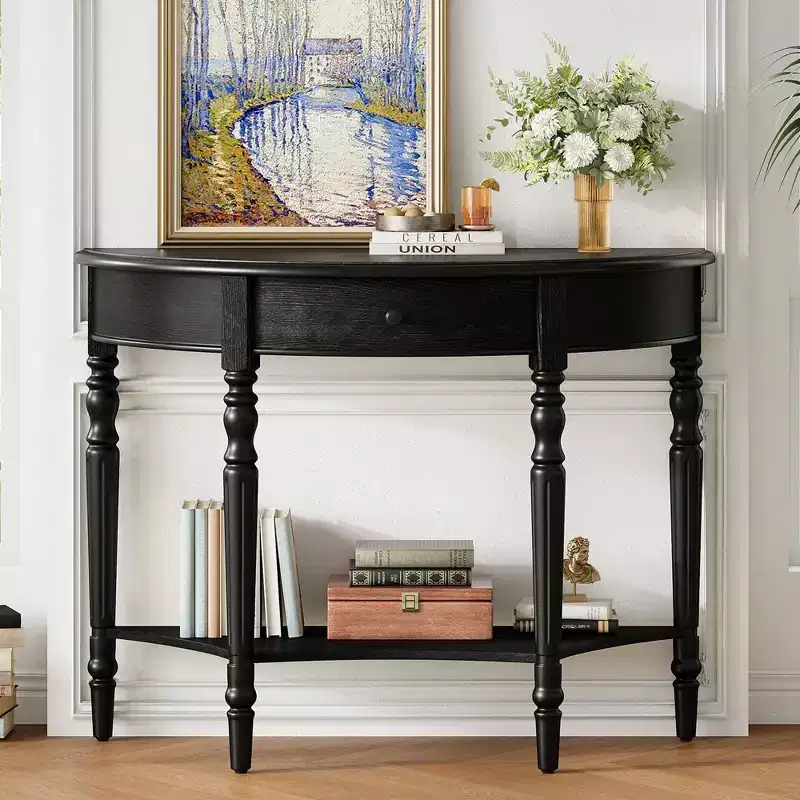 GDFStudio Malory 39 Farmhouse Half Moon Console Table with Drawer and Shelf