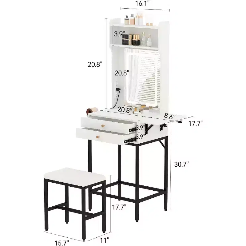 Mini Makeup Vanity Desk with Lighted Mirror, Foldable Panel, Hair Dryer Holder, 2 Drawers – Compact Dressing Table