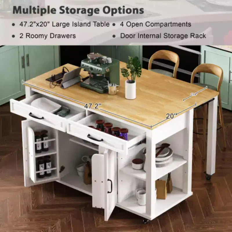 47 inch White Kitchen Island with Extendable Dining Table, Rubber Wood Veneer Kitchen Table with Storage 2 Drawers 2 Cabinet